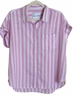 Lola River Pink & White Striped Button-Down Linen Blend Shirt. Size Large